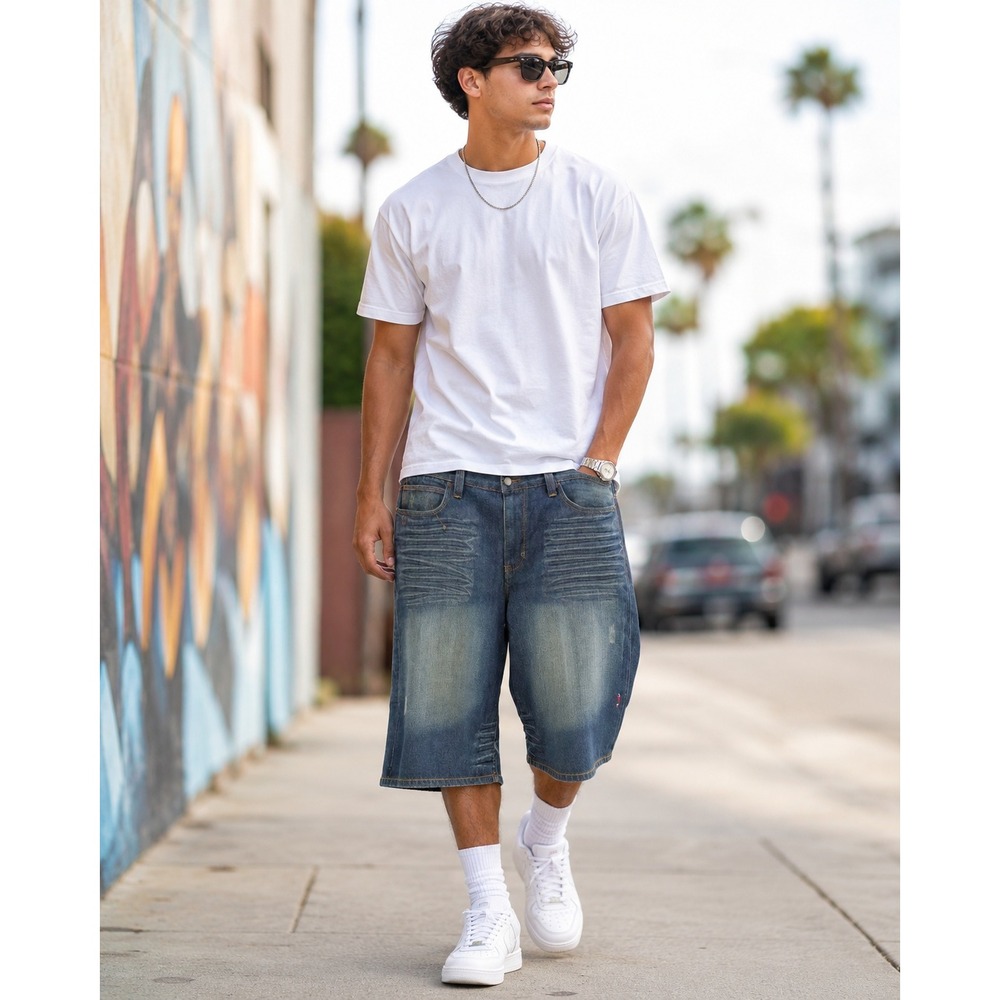 Coogi Heritage Denim Shorts Mens 40 Blue Embroidered‎ Distressed Streetwear